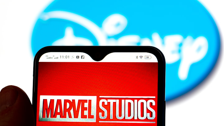 In this photo illustration, the Marvel Studios logo is seen...