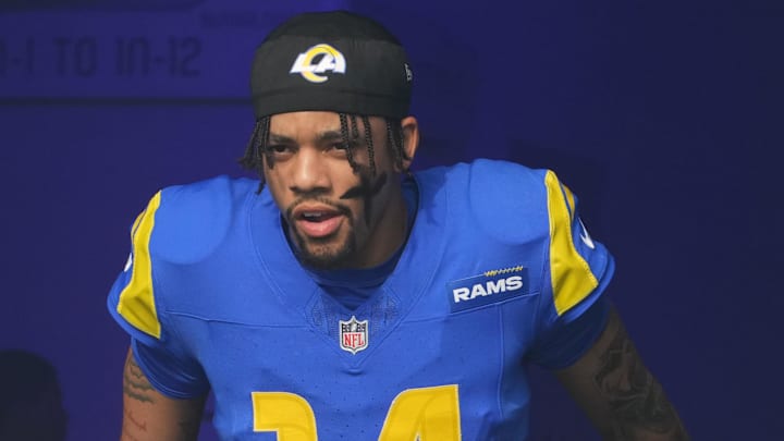 Dec 8, 2024; Inglewood, California, USA; Los Angeles Rams cornerback Cobie Durant (14) enters the field before the game against the Buffalo Bills at SoFi Stadium. Mandatory Credit: Kirby Lee-Imagn Images