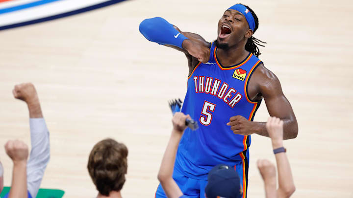 Jun 22, 2025; Oklahoma City, Oklahoma, USA; Oklahoma City Thunder guard Luguentz Dort (5) celebrates after a play against the Indiana Pacers during the second half during game seven of the 2025 NBA Finals at Paycom Center. Mandatory Credit: Alonzo Adams-Imagn Images