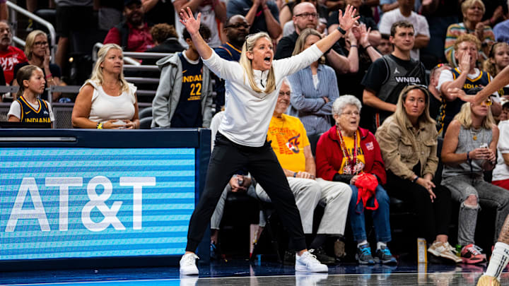 Indiana Fever head coach Christie Sides yells Saturday, July 6, 2024, during the game at Gainbridge Fieldhouse in Indianapolis.