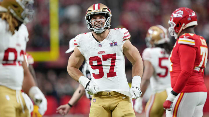 Feb 11, 2024; Paradise, Nevada, USA; San Francisco 49ers defensive end Nick Bosa (97) reacts after sacking Kansas City Chiefs quarterback Patrick Mahomes (not pictured) during the first quarter of Super Bowl LVIII at Allegiant Stadium. Mandatory Credit: Kirby Lee-USA TODAY Sports Feb 11, 2024; Paradise, Nevada, USA; San Francisco 49ers defensive end Nick Bosa (97) reacts after sacking Kansas City Chiefs quarterback Patrick Mahomes (not pictured) during the first quarter of Super Bowl LVIII at Allegiant Stadium. Mandatory Credit: Kirby Lee-USA TODAY Sports