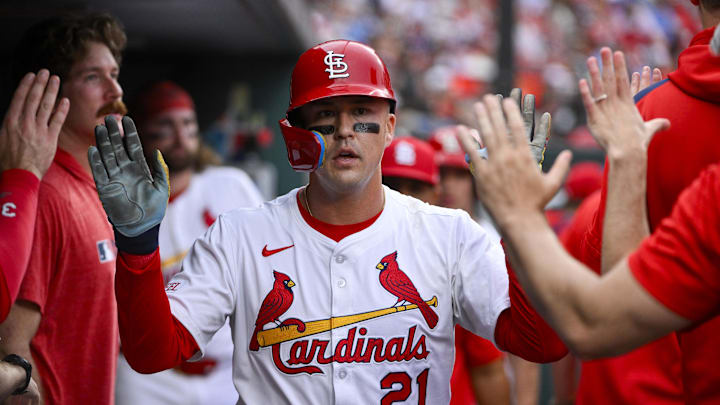 Jun 5, 2025; St. Louis, Missouri, USA; St. Louis Cardinals left fielder Lars Nootbaar (21) is congratulated by teammates after scoring against the Kansas City Royals during the first inning at Busch Stadium. Mandatory Credit: Jeff Curry-Imagn Images Jun 5, 2025; St. Louis, Missouri, USA; St. Louis Cardinals left fielder Lars Nootbaar (21) is congratulated by teammates after scoring against the Kansas City Royals during the first inning at Busch Stadium. Mandatory Credit: Jeff Curry-Imagn Images