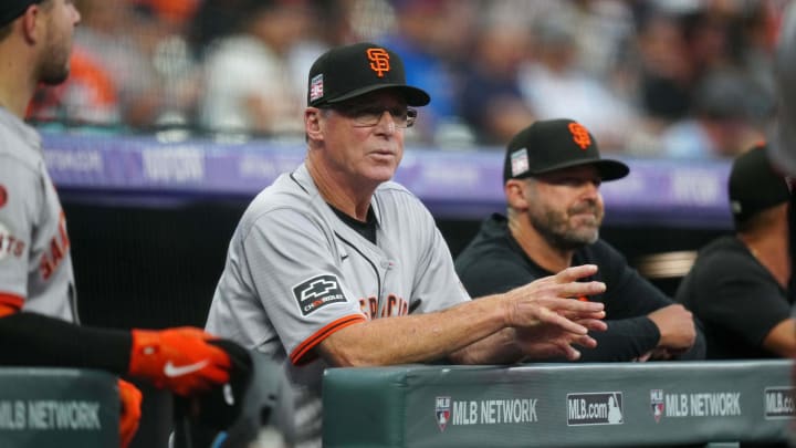 Jul 19, 2024; Denver, Colorado, USA; San Francisco Giants manager Bob Melvin (6) during the first inning against the Colorado Rockies at Coors Field. Jul 19, 2024; Denver, Colorado, USA; San Francisco Giants manager Bob Melvin (6) during the first inning against the Colorado Rockies at Coors Field.