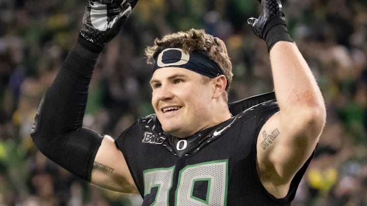 Oregon inside linebacker Bryce Boettcher dances around the field to “Shout” as the No. 1 Oregon Ducks host the rival Washington Huskies Saturday, Nov. 30, 2024 at Autzen Stadium in Eugene, Ore.
