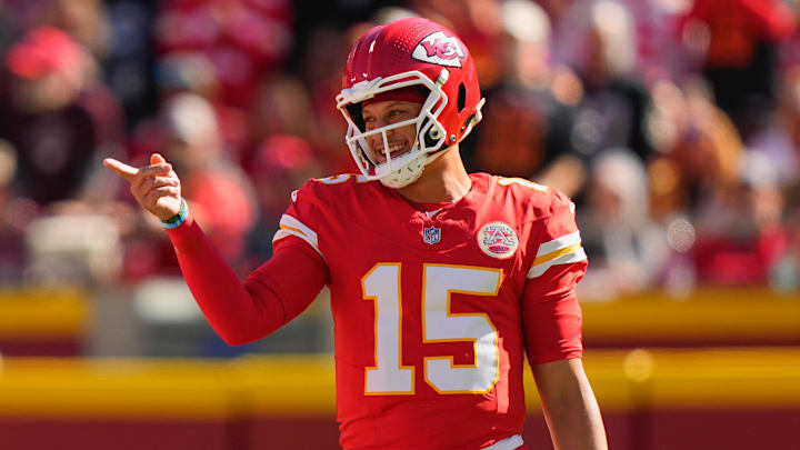 Oct 19, 2025; Kansas City, Missouri, USA; Kansas City Chiefs quarterback Patrick Mahomes (15) gestures during the first half of the game against the Las Vegas Raiders at GEHA Field at Arrowhead Stadium. Mandatory Credit: Jay Biggerstaff-Imagn Images