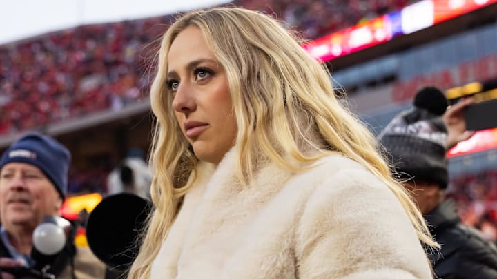 Brittany Mahomes on the sidelines before the AFC Championship game against the Buffalo Bills at GEHA Field at Arrowhead Stadium.