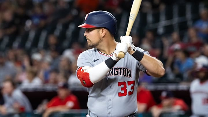 May 30, 2025; Phoenix, Arizona, USA; Washington Nationals first baseman Nathaniel Lowe against the Arizona Diamondbacks at Chase Field.