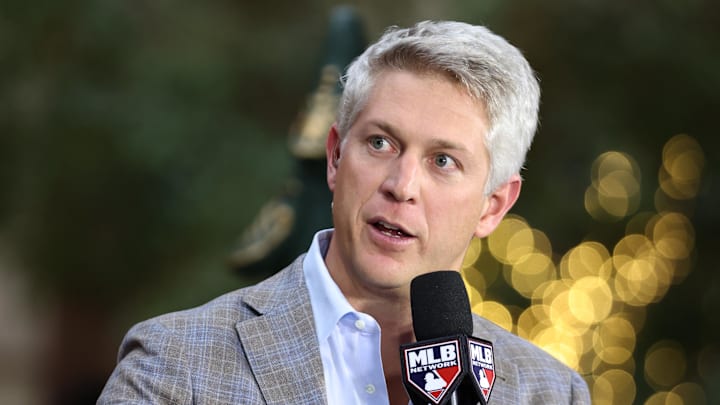 Dec 10, 2024; Dallas, TX, USA; Baltimore Orioles executive vice president and general manager Mike Elias talks on the set of MLB Network at the Hilton Anatole during the 2024 MLB Winter Meetings. Mandatory Credit: Tim Heitman-Imagn Images