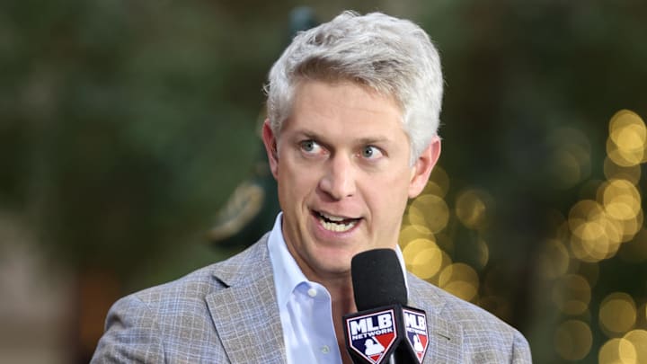 Dec 10, 2024; Dallas, TX, USA; Baltimore Orioles executive vice president and general manager Mike Elias talks on the set of MLB Network at the Hilton Anatole during the 2024 MLB Winter Meetings. Mandatory Credit: Tim Heitman-Imagn Images