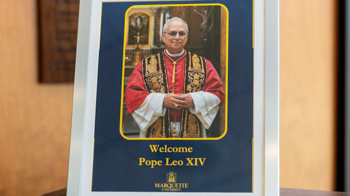 A photo of the newly elected Pope Leo XIV is seen outside of the Chapel of the Holy Family at the Alumni Memorial Union on Friday May 9, 2025 at Marquette University in Milwaukee, Wis.