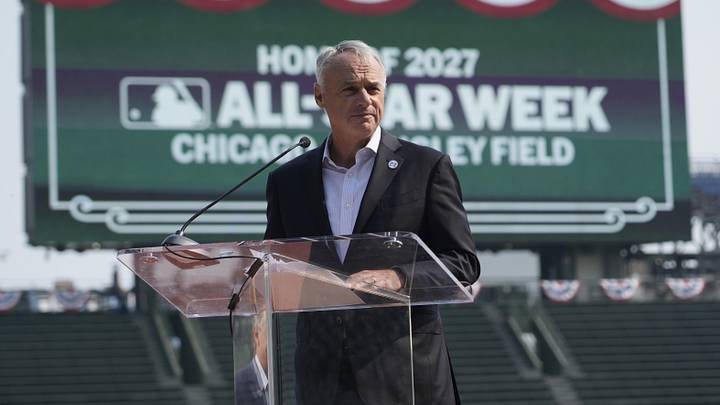 Aug 1, 2025; Chicago, IL, USA; Baseball commissioner Rob Manfred announces Major League Baseball and the Chicago Cubs will host the 2027 All Star game at Wrigley Field. Mandatory Credit: David Banks-Imagn Images Aug 1, 2025; Chicago, IL, USA; Baseball commissioner Rob Manfred announces Major League Baseball and the Chicago Cubs will host the 2027 All Star game at Wrigley Field. Mandatory Credit: David Banks-Imagn Images