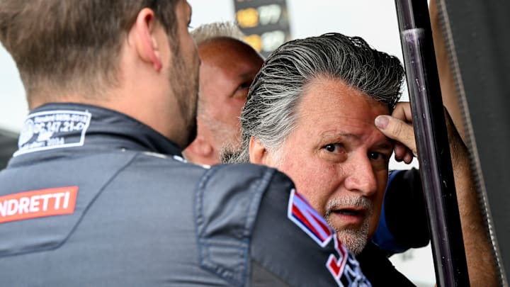 Michael Andretti looks at his son, Andretti Herta with Marco and Curb-Agajanian driver Marco Andretti (98), on Friday, May 17, 2024, during Fast Friday ahead of the 108th running of the Indianapolis 500 at Indianapolis Motor Speedway.