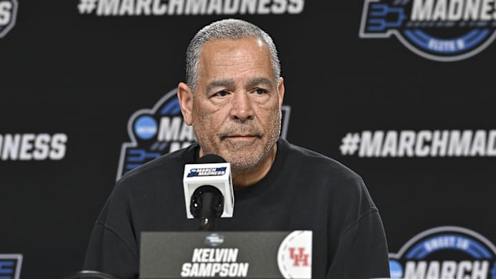 Mar 25, 2026; Houston, TX, USA; Houston Cougars head coach Kelvin Sampson speaks during a practice session press conference ahead of the south regional of the men's 2026 NCAA Tournament at Toyota Center. Mandatory Credit: Maria Lysaker-Imagn Images