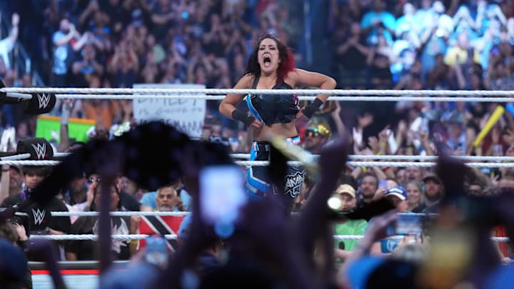 Jan 27, 2024; St. Petersburg, FL, USA; Bayley celebrates after winning the women   s Royal Rumble