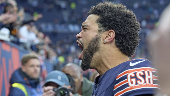 Caleb Williams hollers it up with fans in London after the Bears beat Jacksonville 35-16. Caleb Williams hollers it up with fans in London after the Bears beat Jacksonville 35-16.