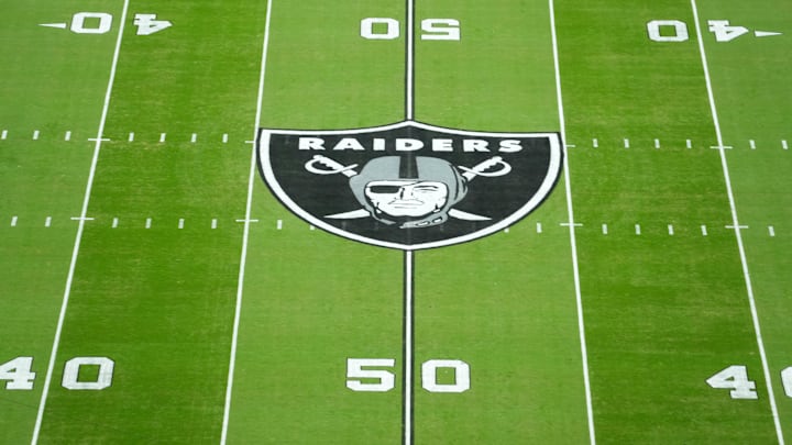 Oct 27, 2024; Paradise, Nevada, USA; A Las Vegas Raiders shield logo at midfield at Allegiant Stadium. Mandatory Credit: Kirby Lee-Imagn Images Oct 27, 2024; Paradise, Nevada, USA; A Las Vegas Raiders shield logo at midfield at Allegiant Stadium. Mandatory Credit: Kirby Lee-Imagn Images