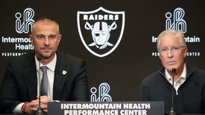 Jan 27, 2025; Las Vegas, NV, USA; Las Vegas Raiders general manager John Spytek (left) and coach Pete Carroll at press conference at Intermountain Health Performance Center. Mandatory Credit: Kirby Lee-Imagn Images Jan 27, 2025; Las Vegas, NV, USA; Las Vegas Raiders general manager John Spytek (left) and coach Pete Carroll at press conference at Intermountain Health Performance Center. Mandatory Credit: Kirby Lee-Imagn Images