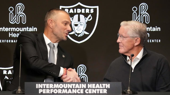 Jan 27, 2025; Las Vegas, NV, USA; Las Vegas Raiders general manager John Spytek (left) and coach Pete Carroll at press conference at Intermountain Health Performance Center. Mandatory Credit: Kirby Lee-Imagn Images
