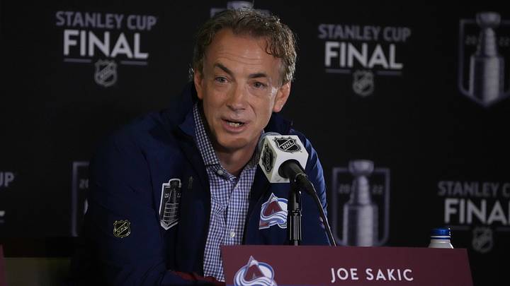 Jun 14, 2022; Denver, Colorado, USA; Colorado Avalanche general manager Joe Sakic speaks during media day for the 2022 Stanley Cup Final at Ball Arena. Mandatory Credit: Ron Chenoy-USA TODAY Sports