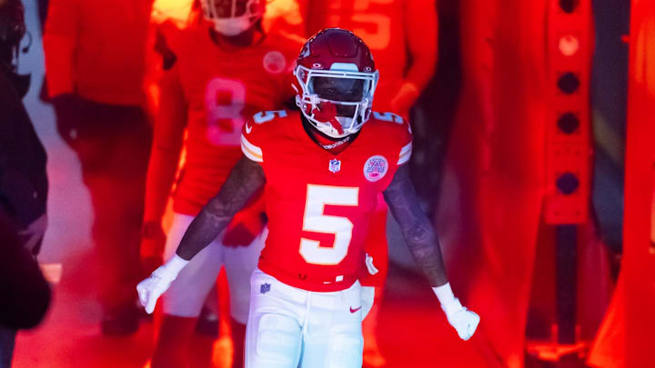 Jan 26, 2025; Kansas City, MO, USA; Kansas City Chiefs wide receiver Hollywood Brown (5) against the Buffalo Bills in the AFC Championship game at GEHA Field at Arrowhead Stadium. Mandatory Credit: Mark J. Rebilas-Imagn Images