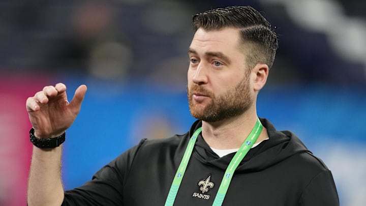 Mar 2, 2024; Indianapolis, IN, USA; New Orleans Saints quarterbacks coach Andrew Janocko during the 2024 NFL Combine at Lucas Oil Stadium.