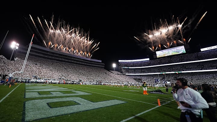 Fireworks are seen prior to a game between the Penn State Nittany Lions and the Oregon Ducks at Beaver Stadium.