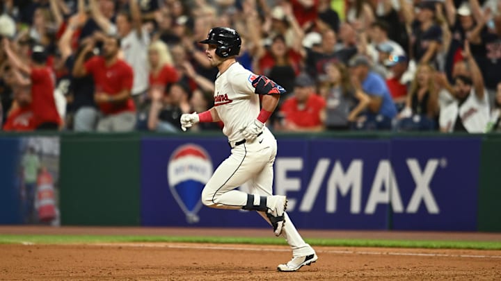 Sep 14, 2024; Cleveland, Ohio, USA; Cleveland Guardians center fielder Lane Thomas (8) rounds the bases after hitting a home run during the eighth inning against the Tampa Bay Rays at Progressive Field. Mandatory Credit: Ken Blaze-Imagn Images