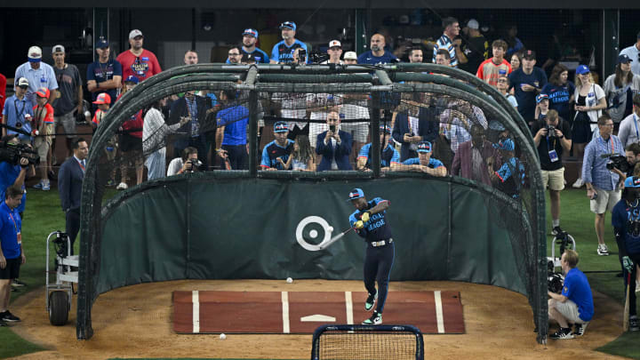 Jul 16, 2024; Arlington, Texas, USA; National League outfielder Jurickson Profar of the San Diego Padres (10) takes batting practice before the 2024 MLB All-Star game at Globe Life Field. Mandatory Credit: Jerome Miron-USA TODAY Sports