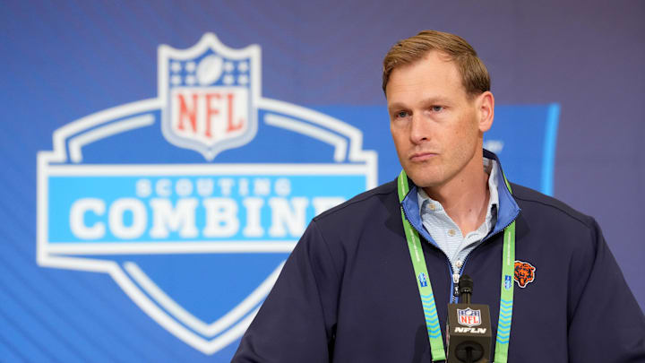 Feb 24, 2026; Indianapolis, IN, USA; Chicago Bears coach Ben Johnson speaks at the NFL Scouting Combine at the Indiana Convention Center. Mandatory Credit: Kirby Lee-Imagn Images