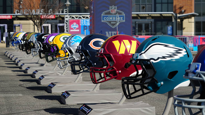 Feb 28, 2024; Indianapolis, IN, USA; A general view of large Philadelphia Eagles, Washington Commanders and Chicago Bears helmets at the NFL Scouting Combine Experience at Lucas Oil Stadium. Mandatory Credit: Kirby Lee-Imagn Images