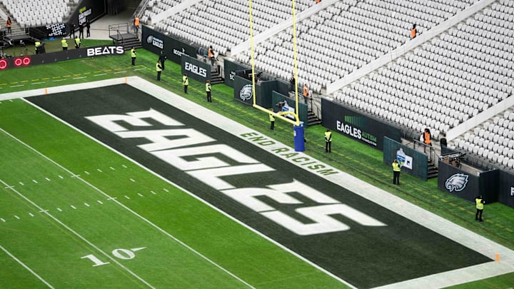 Sep 6, 2024; Sao Paulo, Brazil; The Philadelphia Eagles logo in the end zone at the 2024 NFL Sao Paolo Game at Neo Quimica Arena. Mandatory Credit: Kirby Lee-Imagn Images