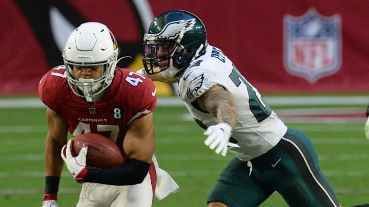 Dec 20, 2020; Glendale, Arizona, USA; Arizona Cardinals linebacker Zeke Turner (47) runs after Dec 20, 2020; Glendale, Arizona, USA; Arizona Cardinals linebacker Zeke Turner (47) runs after