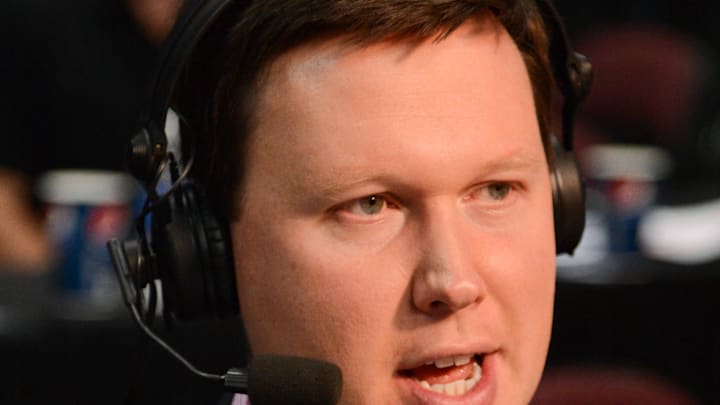 March 11, 2013; Las Vegas, NV, USA; ESPN tv announcer David Flemming after the game in the finals of the West Coast Conference tournament at Orleans Arena. Mandatory Credit: Kyle Terada-Imagn Images