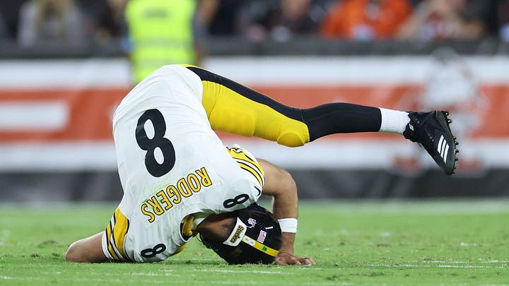 Oct 1, 2026; Cleveland, Ohio, USA; Pittsburgh Steelers quarterback Aaron Rodgers (8) is thrown to the ground against the Cleveland Browns in the first half at Huntington Bank Field. Mandatory Credit: Scott Galvin-Imagn Images Oct 1, 2026; Cleveland, Ohio, USA; Pittsburgh Steelers quarterback Aaron Rodgers (8) is thrown to the ground against the Cleveland Browns in the first half at Huntington Bank Field. Mandatory Credit: Scott Galvin-Imagn Images