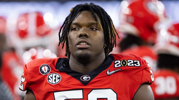 Jan 9, 2023; Inglewood, CA, USA; Georgia Bulldogs defensive lineman Christen Miller (52) against the TCU Horned Frogs during the CFP national championship game at SoFi Stadium. Mandatory Credit: Mark J. Rebilas-Imagn Images