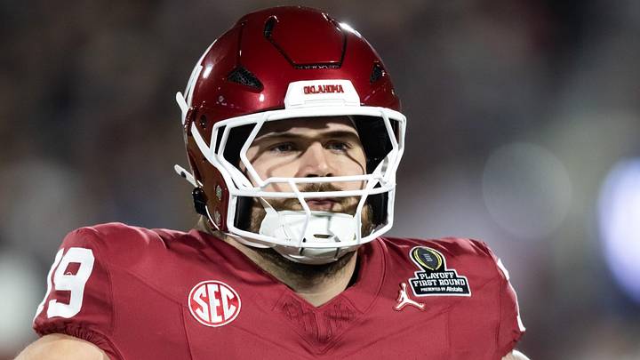 Dec 19, 2025; Norman, OK, USA; Oklahoma Sooners offensive lineman Jake Taylor (79) against the Alabama Crimson Tide during the CFP National Playoff First Round at Gaylord Family Oklahoma Memorial Stadium.