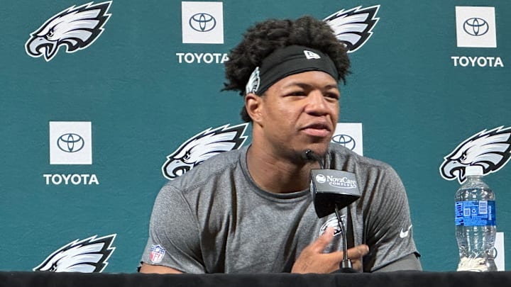 Nolan Smith answers reporters' questions during the Eagles' OTA session. Nolan Smith answers reporters' questions during the Eagles' OTA session.
