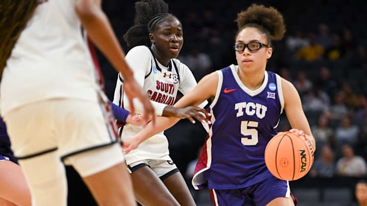 Mar 30, 2026; Sacramento, CA, USA;  Texas Christian University Horned Frogs guard Olivia Miles (5) drives to the basket against the South Carolina Gamecocks in an Elite Eight game in the Sacramento Regional 4 of the women's 2026 NCAA Tournament at the Golden 1 Center. Mandatory Credit: Ed Szczepanski-Imagn Images