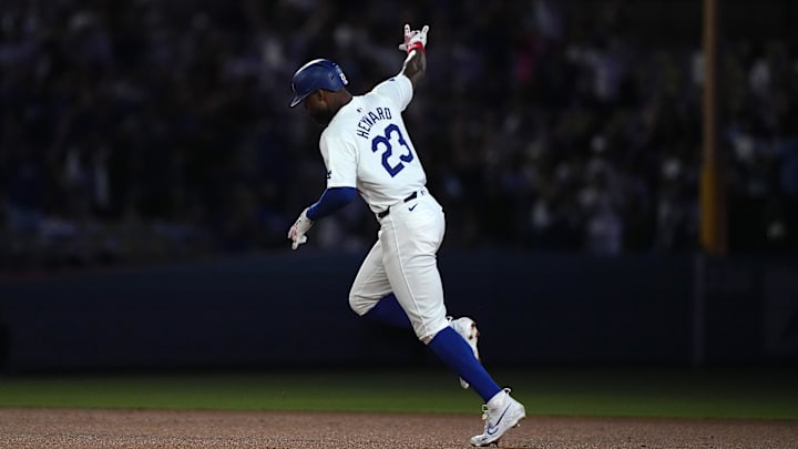 Aug 20, 2024; Los Angeles, California, USA; Los Angeles Dodgers right fielder Jason Heyward (23) runs the bases after hitting a three-run home run in the eighth inning against the Seattle Mariners at Dodger Stadium. Mandatory Credit: Kirby Lee-Imagn Images
