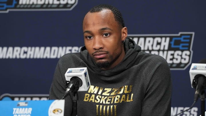 Mar 19, 2025; Wichita, KS, USA; Missouri Tigers guard Tamar Bates (2) at press conference at Intrust Bank Arena.