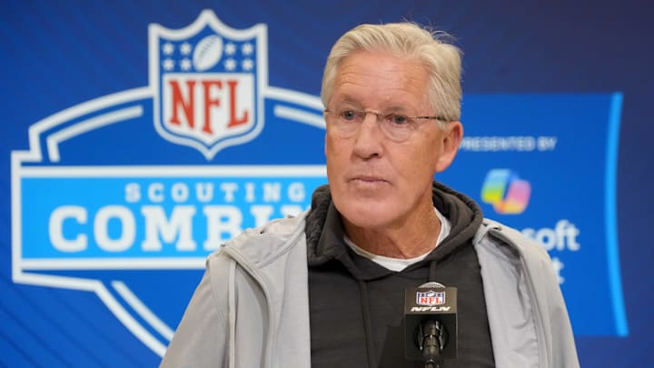 Feb 25, 2025; Indianapolis, IN, USA; Las Vegas Raiders coach Pete Carroll speaks during the NFL Scouting Combine at the Indiana Convention Center. Mandatory Credit: Kirby Lee-Imagn Images