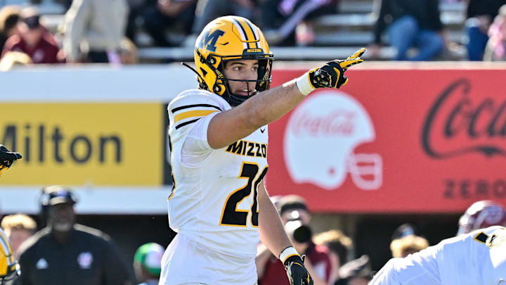 Oct 12, 2024; Amherst, Massachusetts, USA; Missouri Tigers linebacker Nicholas Rodriguez (20) signals during the second half against the Massachusetts Minutemen at Warren McGuirk Alumni Stadium. Mandatory Credit: Eric Canha-Imagn Images