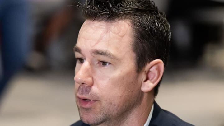 Mar 31, 2026; Phoenix, AZ, USA; Las Vegas Raiders head coach Klint Kubiak during the 2026 NFL Annual League Meeting at the Arizona Biltmore. Mandatory Credit: Mark J. Rebilas-Imagn Images