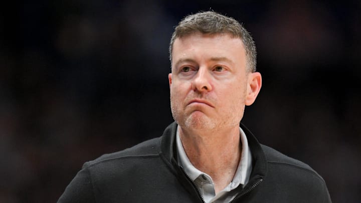 Mar 15, 2026; Nashville, TN, USA; Vanderbilt Commodores head coach Mark Byington looks on in the first half during the men's SEC Conference Tournament Championship against the Arkansas Razorbacks at Bridgestone Arena. Mandatory Credit: Steve Roberts-Imagn Images