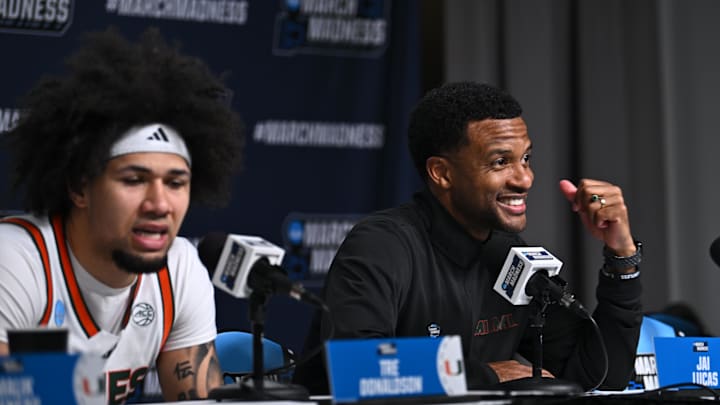 Mar 20, 2026; St. Louis, MO, USA; Miami (FL) Hurricanes head coach Jai Lucas answers questions at a press conference after the game against Missouri Tigers during a first round game of the men's 2026 NCAA Tournament at Enterprise Center. Mandatory Credit: Jeff Le-Imagn Images Mar 20, 2026; St. Louis, MO, USA; Miami (FL) Hurricanes head coach Jai Lucas answers questions at a press conference after the game against Missouri Tigers during a first round game of the men's 2026 NCAA Tournament at Enterprise Center. Mandatory Credit: Jeff Le-Imagn Images