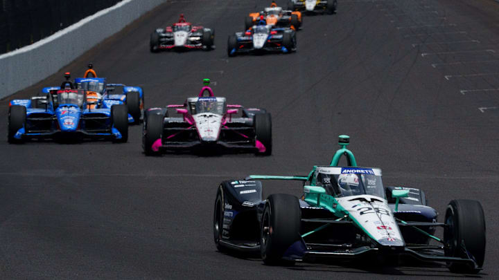 Drivers make their way through turn one Monday, May 20, 2024, at Indianapolis Motor Speedway during practice in preparation for the 108th running of the Indianapolis 500. Drivers make their way through turn one Monday, May 20, 2024, at Indianapolis Motor Speedway during practice in preparation for the 108th running of the Indianapolis 500.