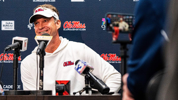 Ole Miss head coach Lane Kiffin answers questions from the press after a college football game between Mississippi State and Ole Miss at Davis Wade Stadium in Starkville, Miss., on Friday, Nov. 28, 2025. Ole Miss defeated Mississippi State 38-19 in the Egg Bowl.