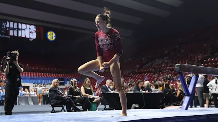 Alabama Gymnast Gabby Gladieux celebrates during Regionals at Coleman Coliseum in Tuscaloosa, AL on Friday, Apr 4, 2025.