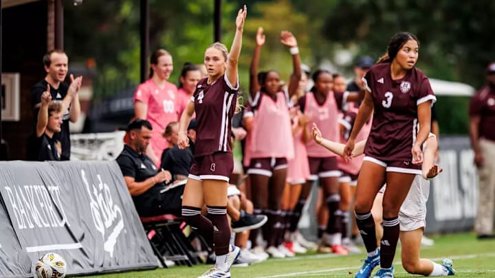 Mississippi State Midfielder Kara Harris (#4) during the match between the Mercer Bears and the Mississippi State Bulldogs at the MSU Soccer Field in Starkville, MS.