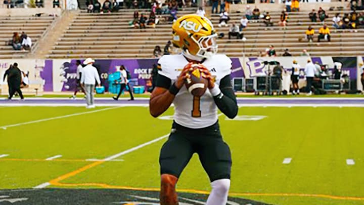 Nov. 1, 2025; No. 1, Alabama State quarterback Andrew Body during pregame warmups versus Prairie View A&M; Nov. 1, 2025; No. 1, Alabama State quarterback Andrew Body during pregame warmups versus Prairie View A&M;